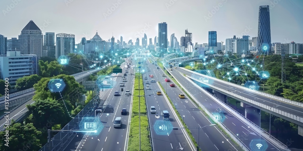 Poster connected city with iot devices and networked data