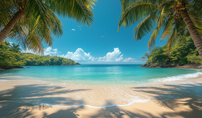 A breathtaking tropical beach scene with palm trees swaying in the breeze, clear blue waters meeting the sandy shore, under a bright sky with clouds