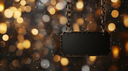 Elegant blank black nameplate hanging with a chain, surrounded by a shimmering bokeh background of golden lights, perfect for holiday or event designs.