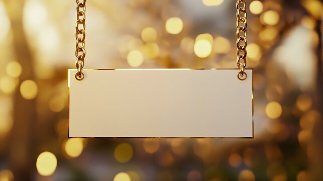 A golden blank sign hanging with a blurred bokeh background, perfect for customization and advertising in a warm ambiance.