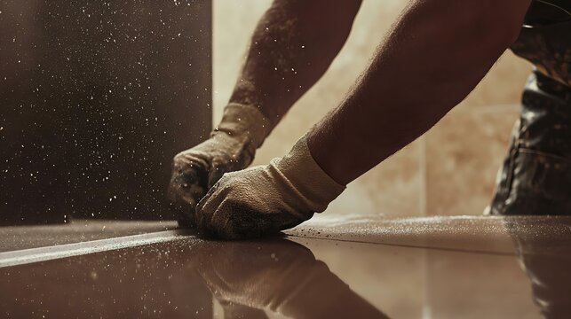 Close-up of a worker's hands smoothing a tile surface, creating dust in a construction environment. Ideal for home renovation or handyman themes.