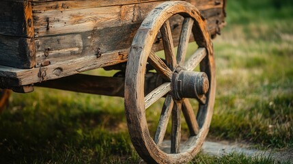 Weathered wood and rugged wheels reveal the fine craftsmanship of the antique cart, nestled in a grassy setting.


