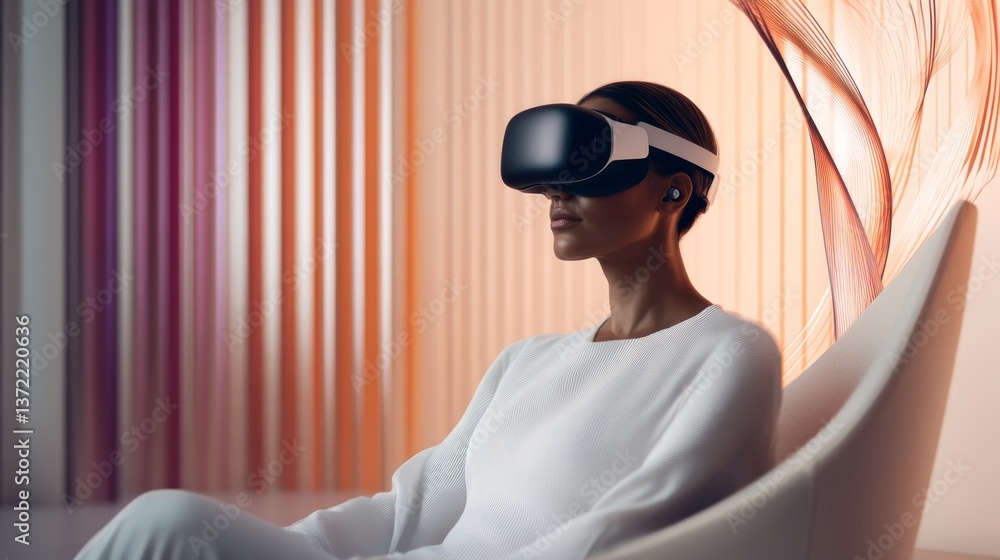 Poster person experiencing virtual reality in a modern, softly lit environment with abstract design element