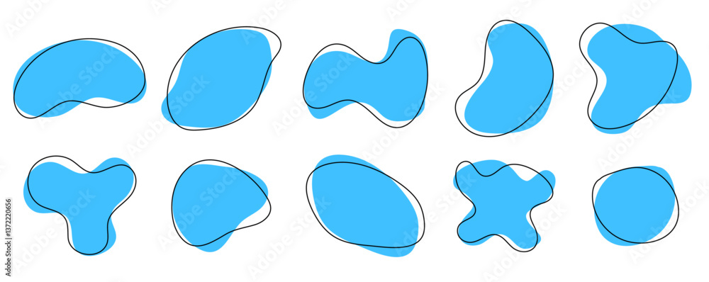 Aufkleber Hand drawn organic shapes, amoeba blob set. Abstract blue bubbles with irregular line frames on transparent background. Vector design element for background, presentation, banner, poster, social media