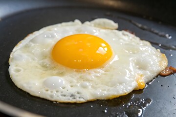 Perfectly fried egg sunny side up in a skillet golden yolk delicious breakfast close up shot
