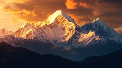 夕日に照らされた雪山