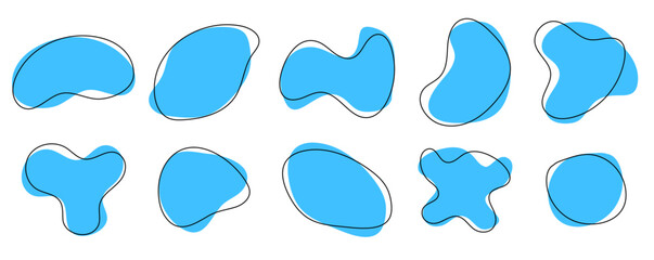 Hand drawn organic shapes, amoeba blob set. Abstract blue bubbles with irregular line frames on transparent background. Vector design element for background, presentation, banner, poster, social media