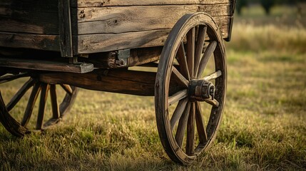 Weathered wood and rugged wheels reveal the fine craftsmanship of the antique cart, nestled in a grassy setting.

