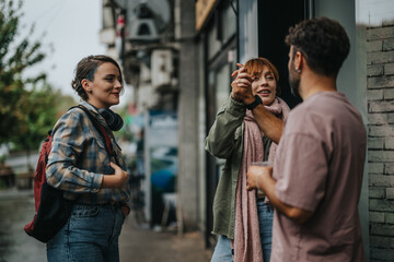 Three young adults share a joyful moment outside in an urban setting. The group displays a sense of...