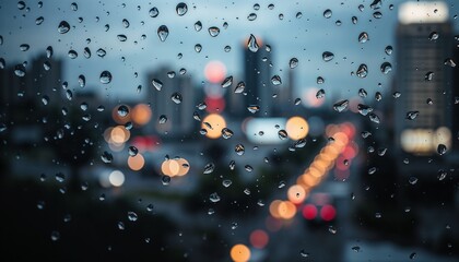 Raindrops on a windowpane with blurred cityscape and lights in the background, creating a cozy atmosphere
