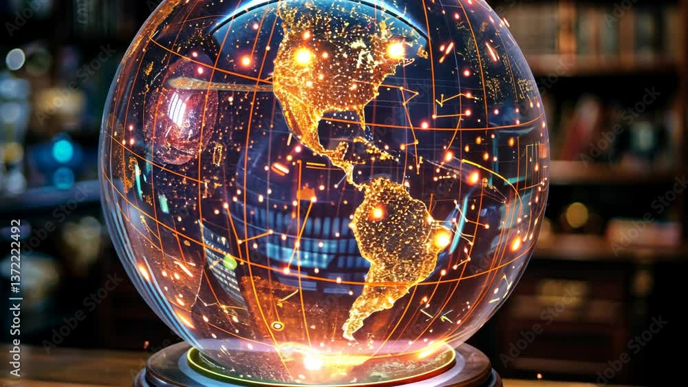 Poster rotating digital globe with illuminated connections in cozy library setting