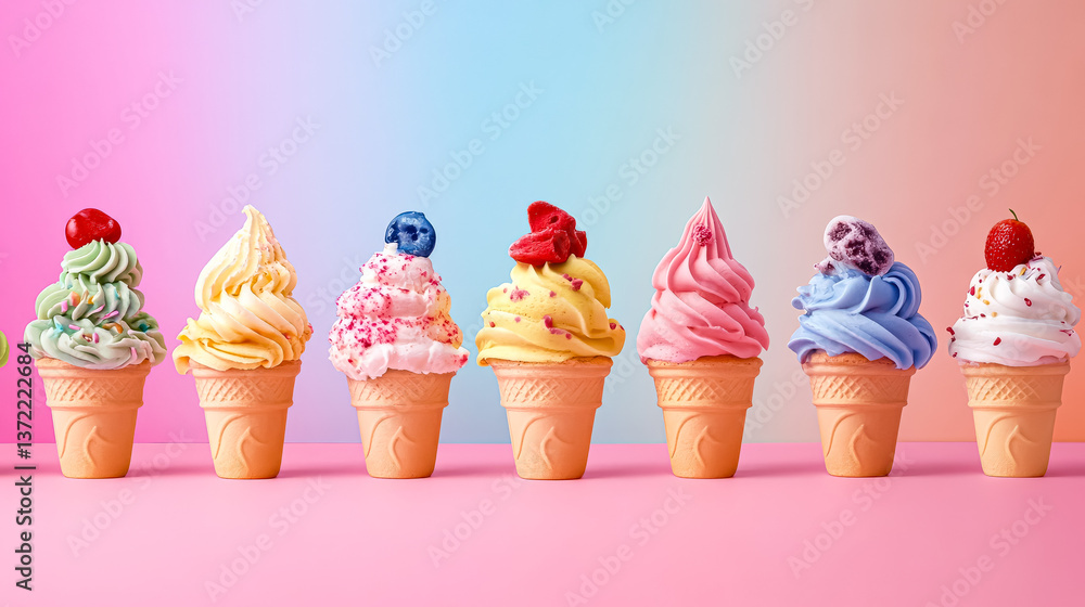 Poster row of colorful ice cream cones with different flavors and toppings. concept of variety and fun, as 