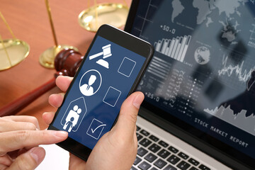 SmartPhone, life insurance and hands of man for approval with security, safety and policy. Screen, office and worker on smartphone for online application, company benefits and protection on mobile app