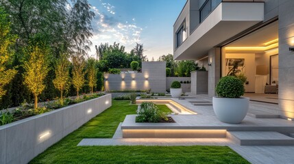 Modern home garden landscaping at sunset. Ideal for real estate, design, or lifestyle stock