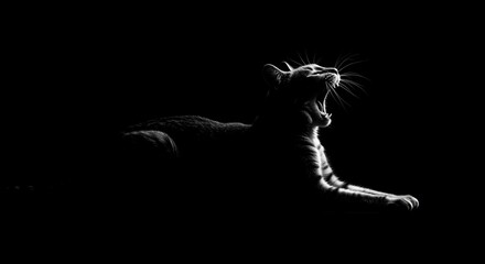 Dramatic Black and White Silhouette of a Yawning Cat in Darkness