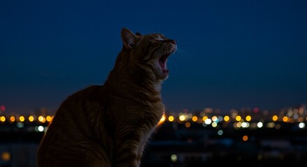 Obraz premium Yawning Ginger Cat Silhouette at Night with City Lights Blurred Background