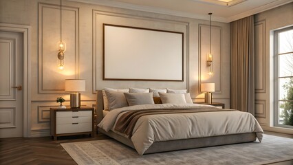 Elegant Bedroom Interior Design with Modern Lighting and Decor. mockup poster 