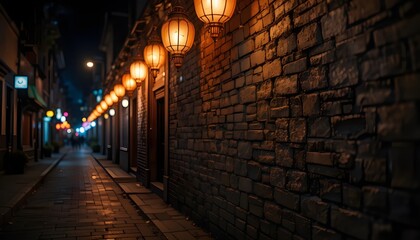 Fototapeta premium Mysterious Dark Street with Old Brick Walls, Glowing Night Lanterns, and Neon Light Ambiance