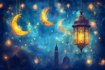 Evening scene features moons lanterns and a distant building structure