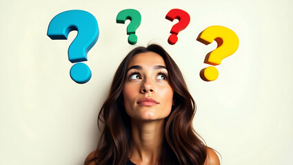 A woman with long dark hair looks up. Multicolored question marks are depicted above her head.: