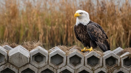 Obraz premium Bald Eagle Perched on Hexagonal Concrete Barrier, Golden Reed Background