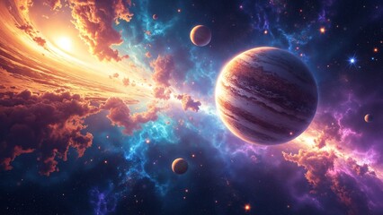 Vibrant Abstract Space Scene with Planets, Stars, and Colorful Cosmic Clouds in the Universe with Swirling Patterns and Mystical Beauty