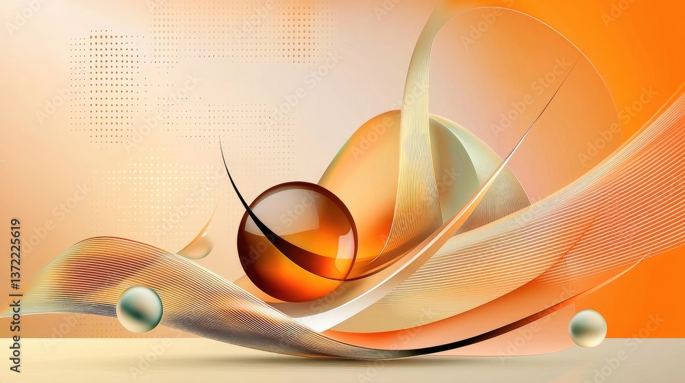 Poster abstract futuristic orange background with flowing wave elements, dotted patterns, and linear high-t