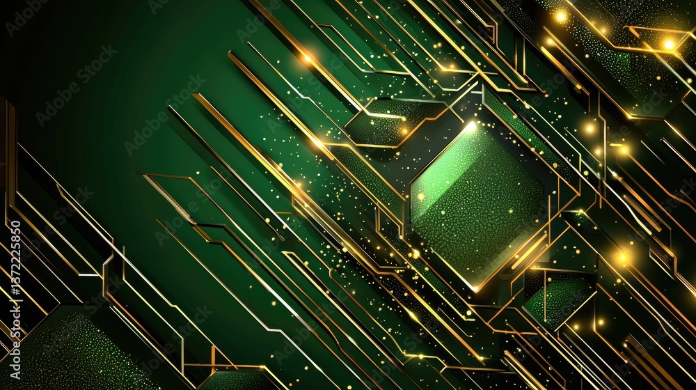Poster abstract green background with sharp geometric patterns, glossy textures, and a high-tech futuristic