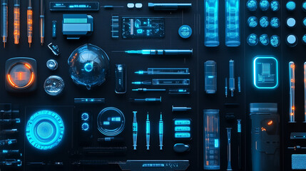 A top-down flatlay of cyberpunk-inspired medical