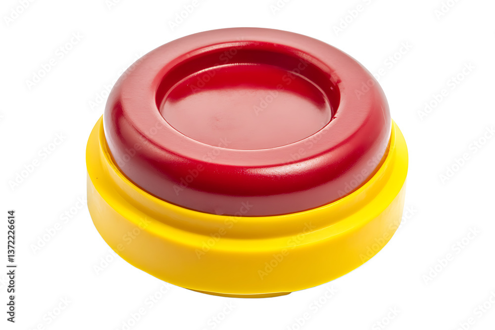 Poster a close up shot of a red and yellow plastic object with a circular indentation on the top surface