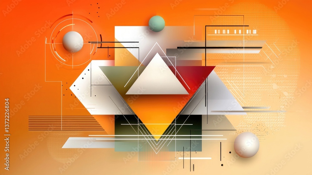 Poster abstract orange background with layered geometric triangles, glossy white and grey squares, and a mo