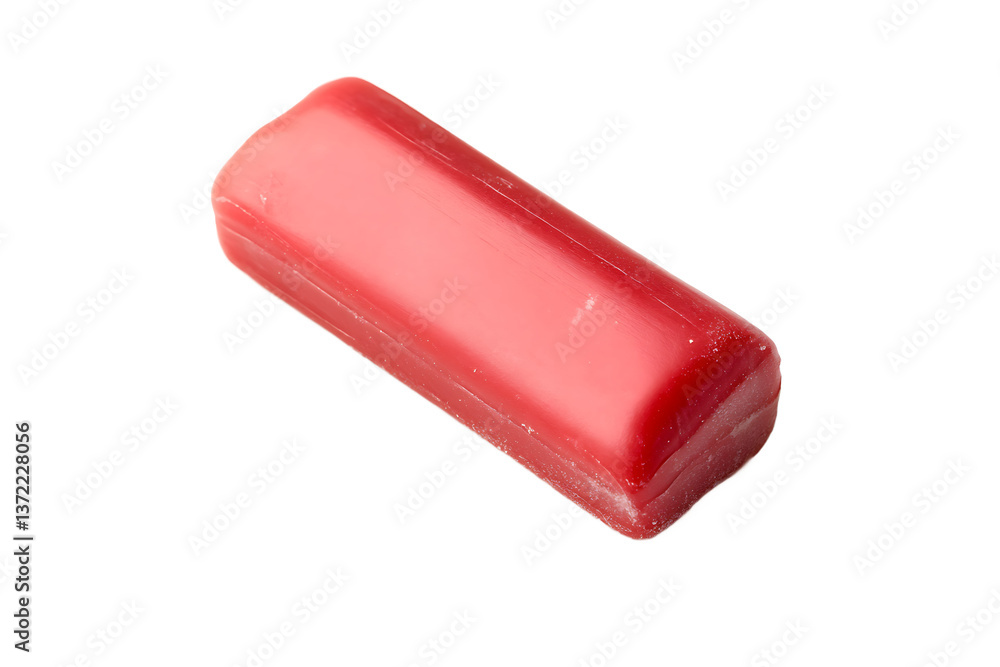 Poster a single bar of red soap is displayed on a black background with a smooth and glossy surface texture