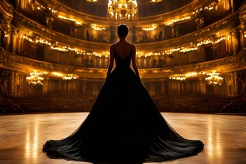 Opera singer standing on stage in empty theatre wearing elegant black dress