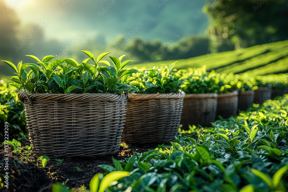 Poster row of baskets filled with green plants sit in a field. the baskets are filled with various types of