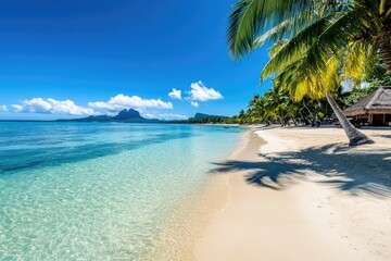 Fototapeta premium Palm trees casting shadows on idyllic white sand beach in tropical paradise