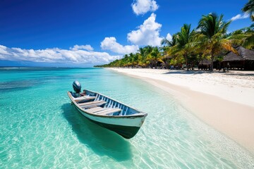 Naklejka premium Tropical beach with white sand, turquoise water, palm trees and fishing boat