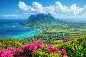 Vibrant pink flowers blooming overlooking mount otemanu in bora bora, french polynesia