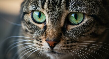 Obraz premium Close up Portrait of a Tabby Cat with Striking Green Eyes Detailed Fur Texture
