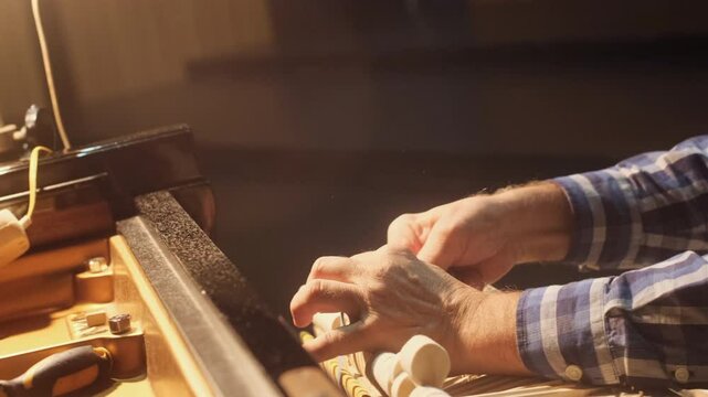 Piano technician adjusting the action mechanism of a grand piano, fine-tuning hammers and dampers under warm lighting