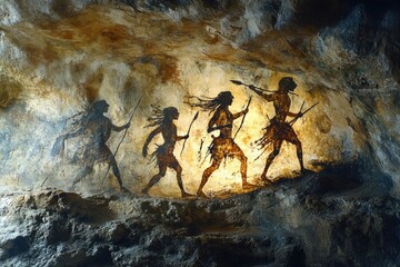 Naklejka premium Prehistoric cave painting depicting hunters with spears in rocky cave