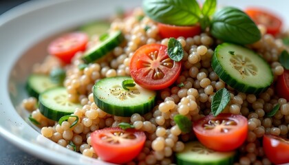 Fresh couscous salad with cucumber, tomato, and basil served in a white bowl