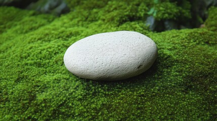A smooth stone lies gently on lush green moss, capturing a peaceful moment in nature’s quiet embrace.

