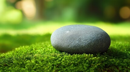 A smooth stone lies gently on lush green moss, capturing a peaceful moment in nature’s quiet embrace.

