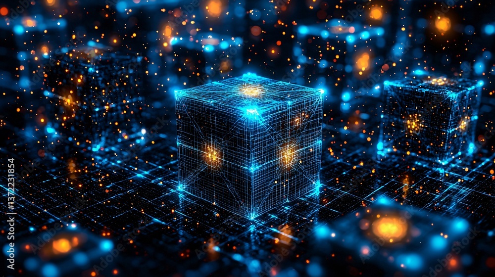 Poster logistics infrastructure driving growth. abstract digital representation with glowing cubes and patt