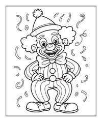 Funny clown coloring page for kids, black line art vector illustration on white background