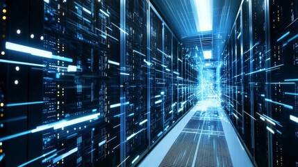 A high tech AI powered cloud computing server, processing and storing large datasets in a secure data center, tech setting