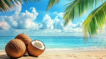 Framed by blue skies and ocean breeze, the palm with hanging coconuts sets the scene for paradise-themed ads.


