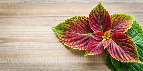 Coleus Leaves Flat Lay Photography - Soft Feminine Botanical Image, Natural Wood Texture Background