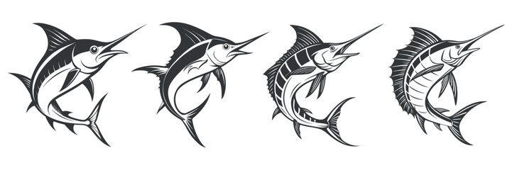 Stylized Swordfish Illustrations in Bold Black Ink Art, Marine Fish Design Set, Tattoo Style Graphics