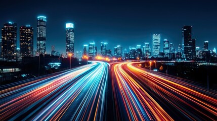 Abstract City Skyline Formed by Bright Flowing Light Trails on a Dark Background, Creating a Futuristic Look -
